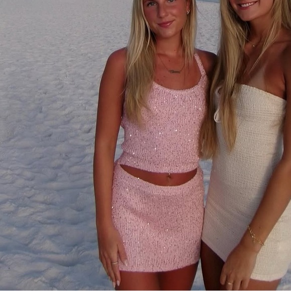 Edikted Sequin Pink Knit Tank Top and Skirt Set - Picture 1 of 5